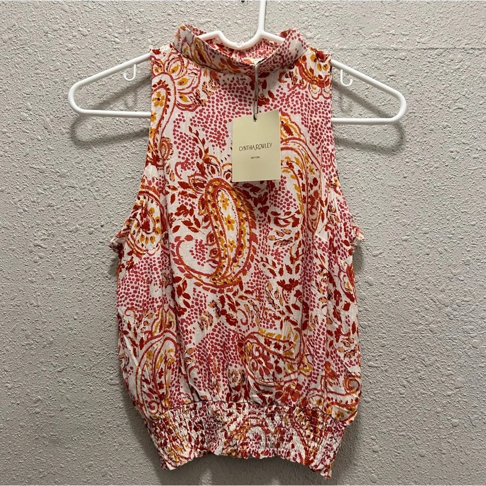 Cynthia Rowley High Neck Sleeveless Orange Paisley Top NWT XS